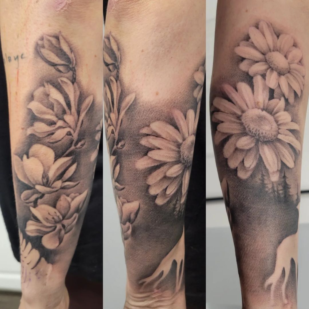 Sleeve Starter: Alpine Heather, Daisy, and Baxter — Clay Walker Tattoo
